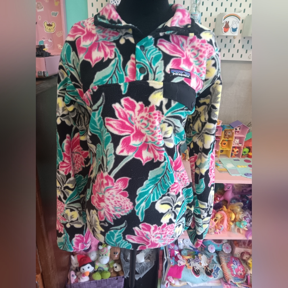Patagonia Black Floral Synchilla Pullover with Pink & Teal Flowers